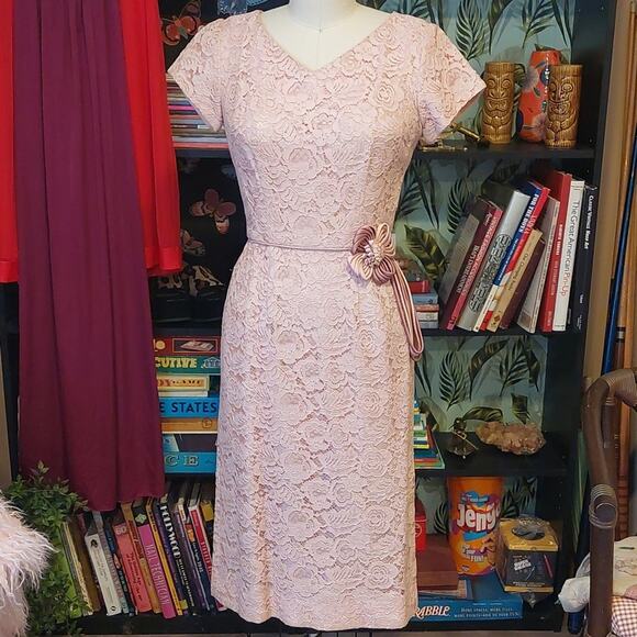 VTG illusion Bombshell Wiggle Dress Union made VLV wedding lace - Picture 2 of 12